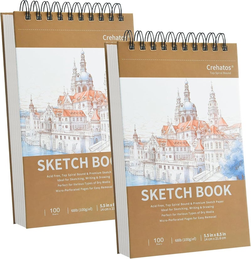 Crehatos 5.5" x 8.5" Small Sketch Book, Top Spiral Bound Sketch Pad, 100 Sheets Each 68lb/100gsm Drawing Paper, 2 Pack - Image 1